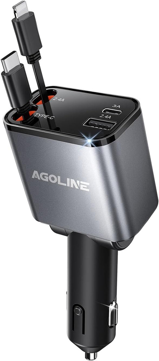 4 in 1 Retractable Car Charger,Smaller Super Fast Car Phone Charger with Retractable Cords, Car Charger Fast Charging,Usb C Car Charger Adpater Compatible with Iphone 16 15 14 13 Pro Max,Galaxy,Pixel